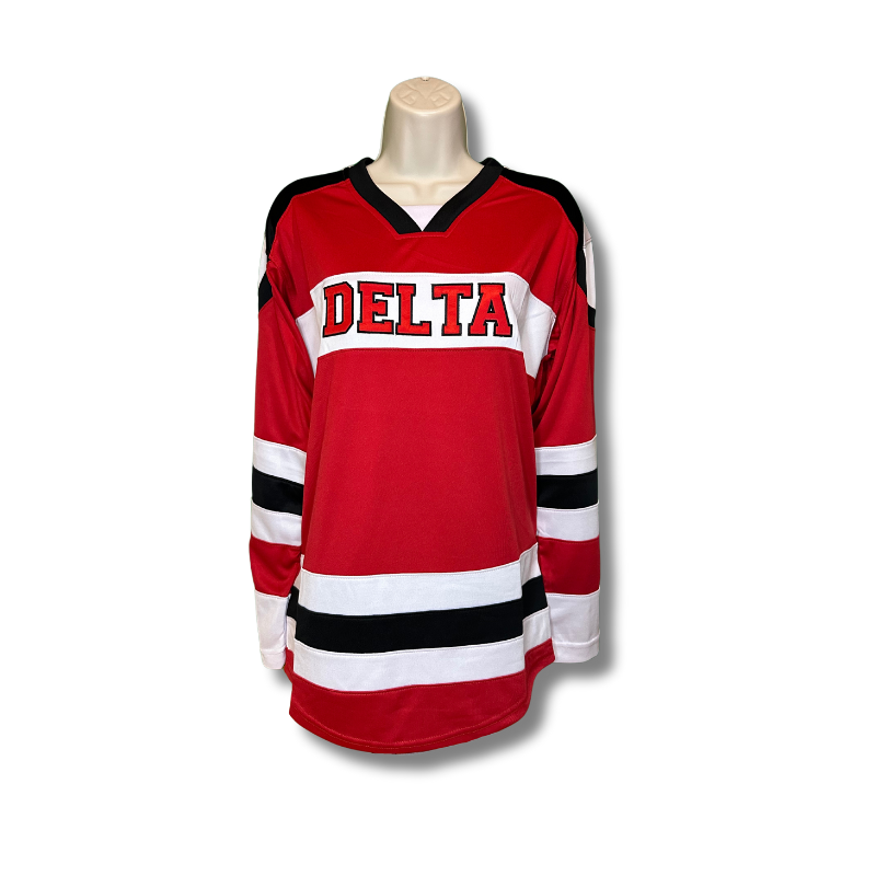 Delta Sigma Theta red hockey jersey front view tackle twill embroidery